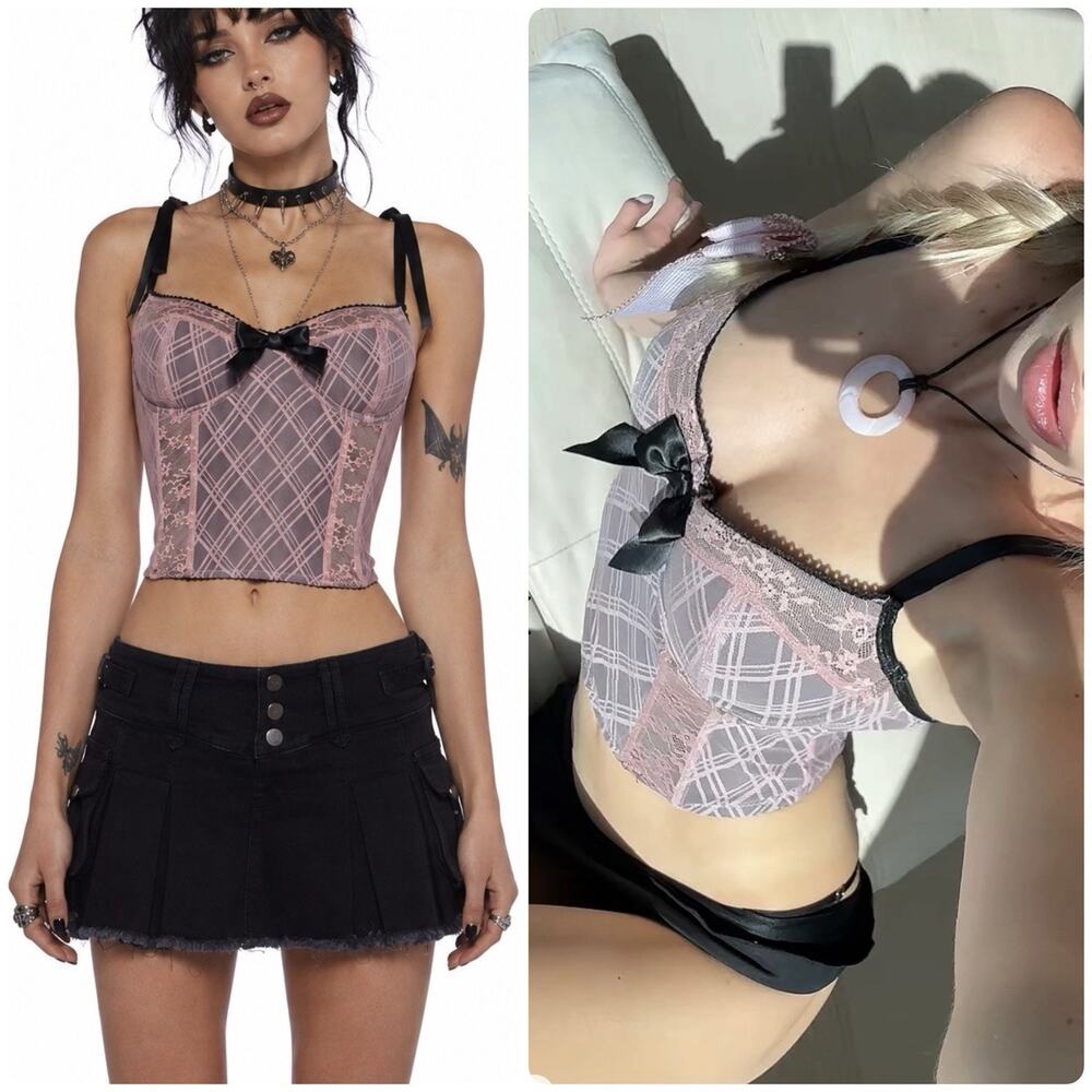 Y2K dELiA*s Dolls Kill Plaid Mesh Lace Bustier Corset Top Schoolgirl Goth Bow M